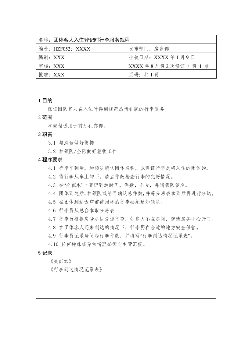 前厅作业手册-团体客人入住登记时行李服务规程