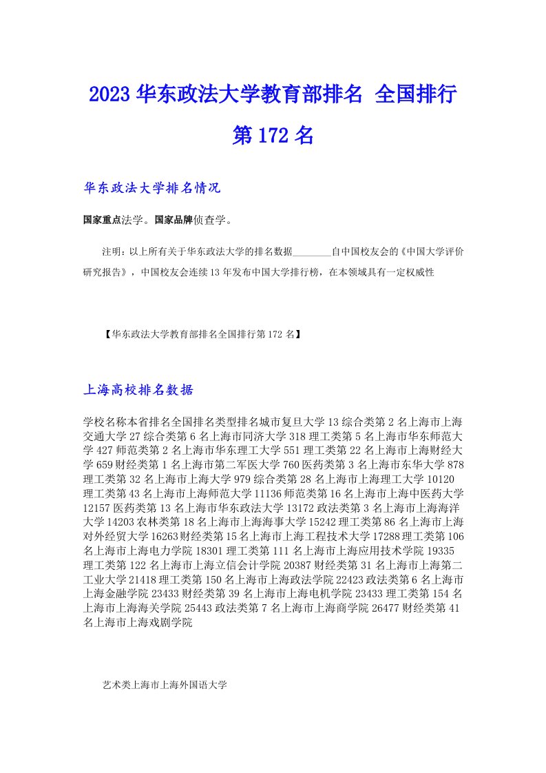 2023华东政法大学教育部排名