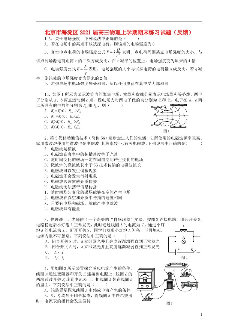 北京市海淀区2021届高三物理上学期期末练习试题反馈