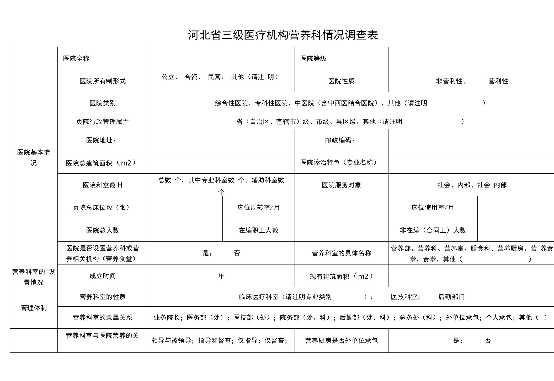 医疗机构临床营养科室情况调查表