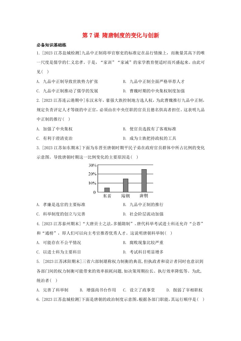 江苏专版2023_2024学年新教材高中历史第二单元三国两晋南北朝的民族交融与隋唐统一多民族封建国家的发展第7课隋唐制度的变化与创新分层作业部编版必修中外历史纲要上