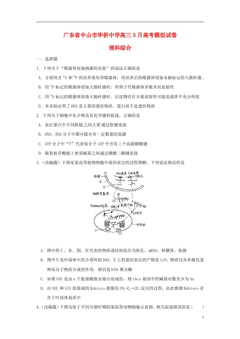 广东省中山市华侨中学高三理综5月模拟考试试题