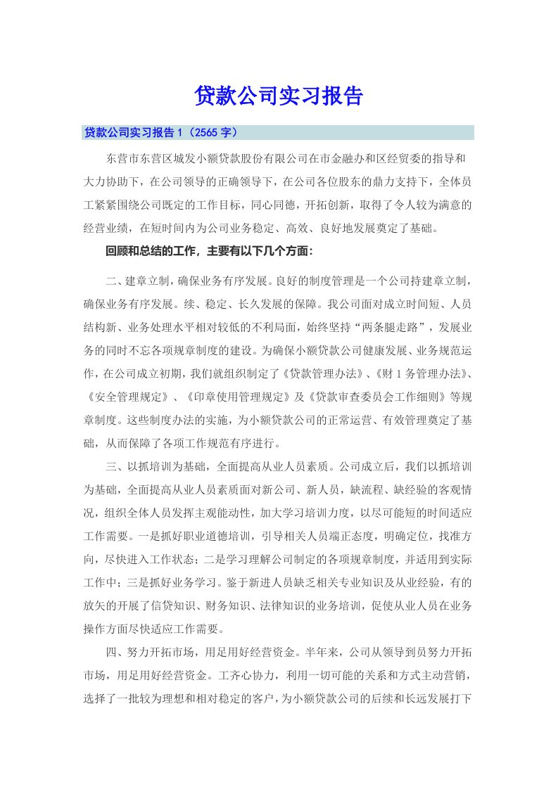 贷款公司实习报告