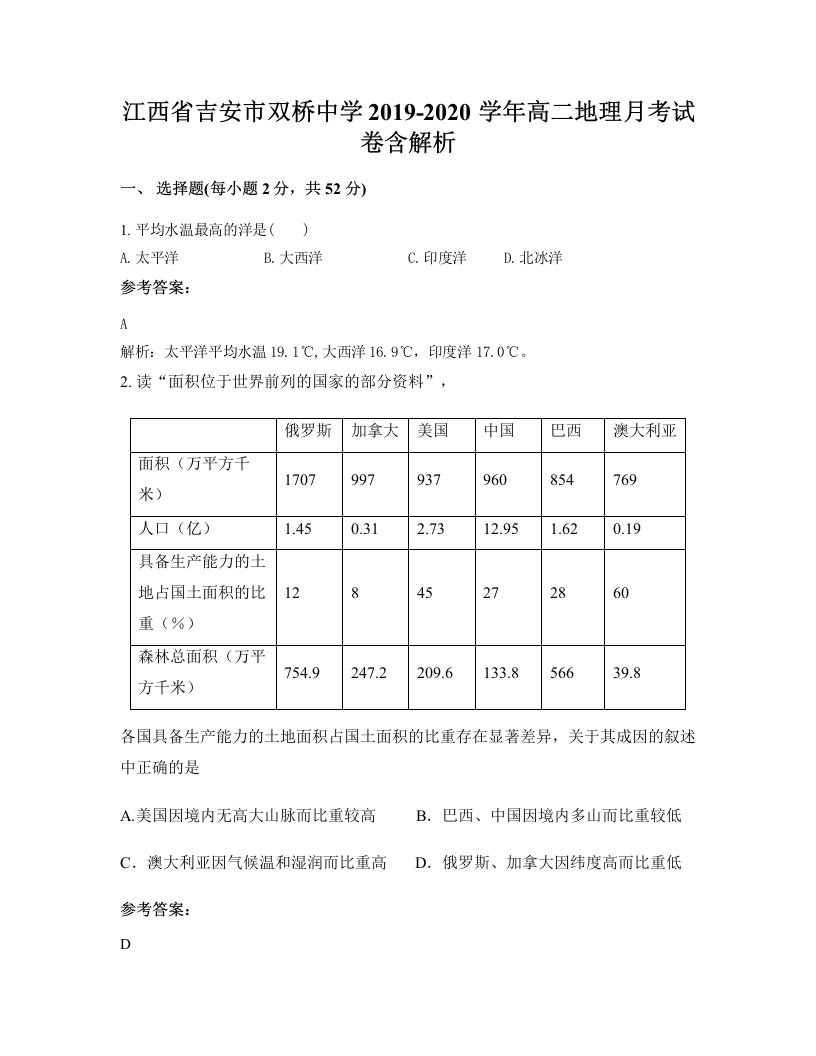 江西省吉安市双桥中学2019-2020学年高二地理月考试卷含解析