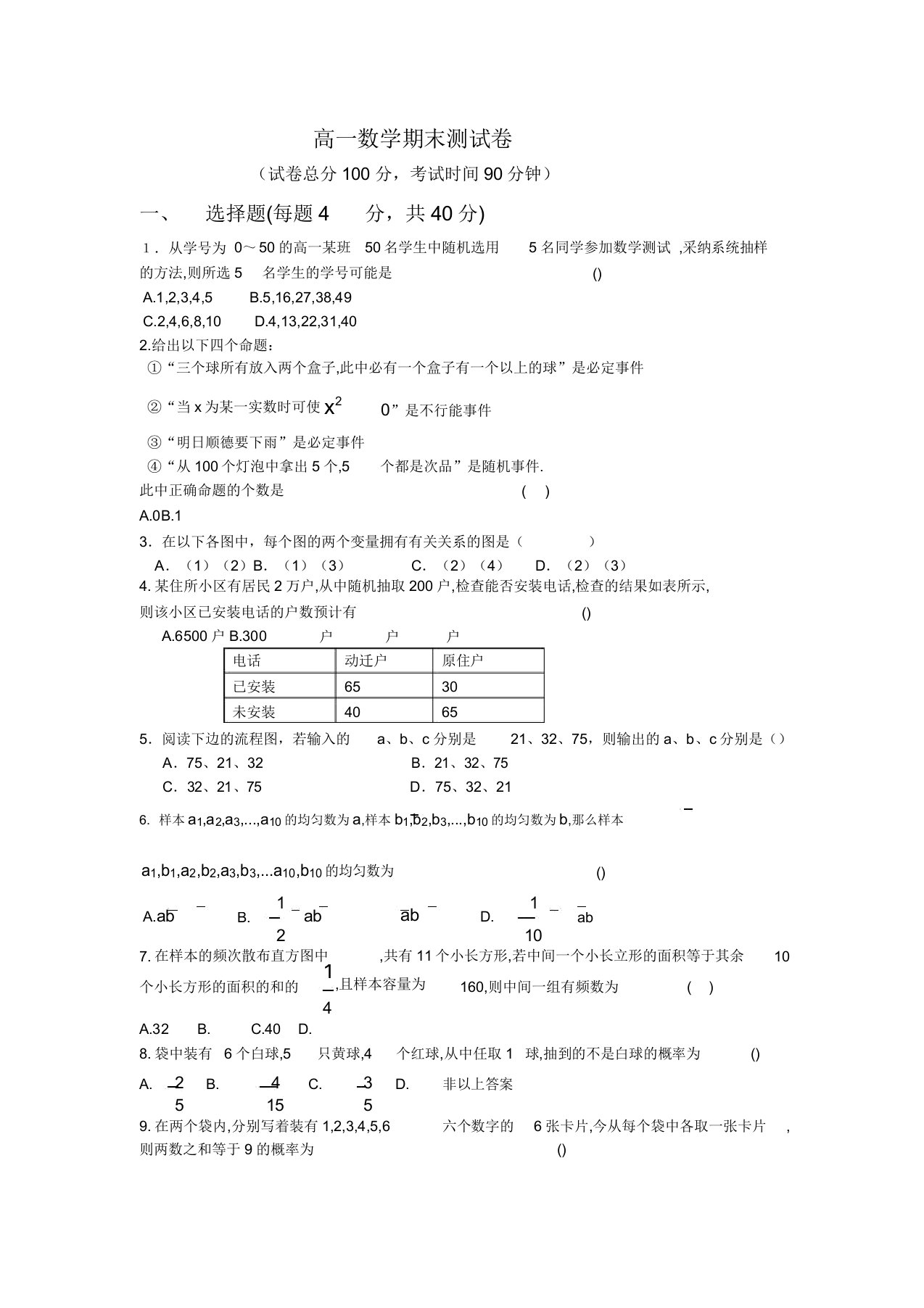 人教版高一数学必修3总测试题