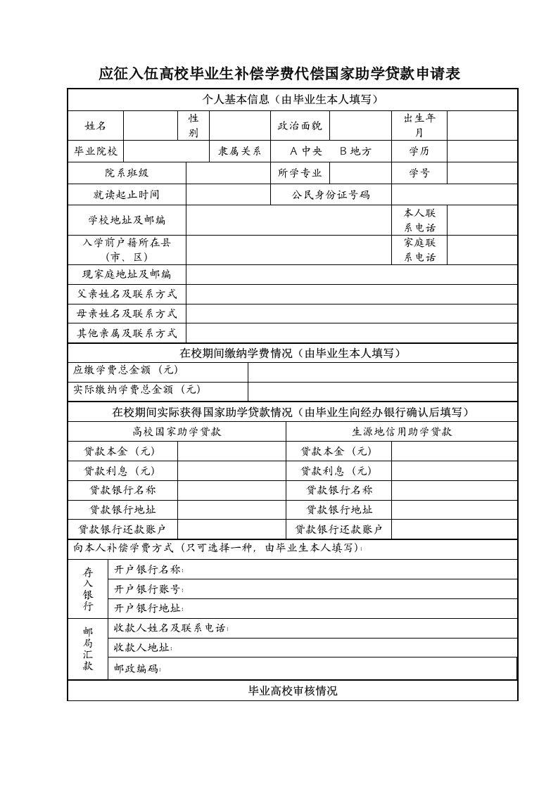 《应征入伍高校毕业生补偿学费代偿国家助学贷款申请表》