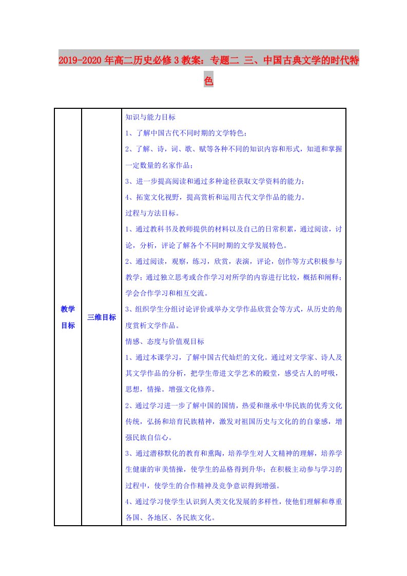 2019-2020年高二历史必修3教案：专题二