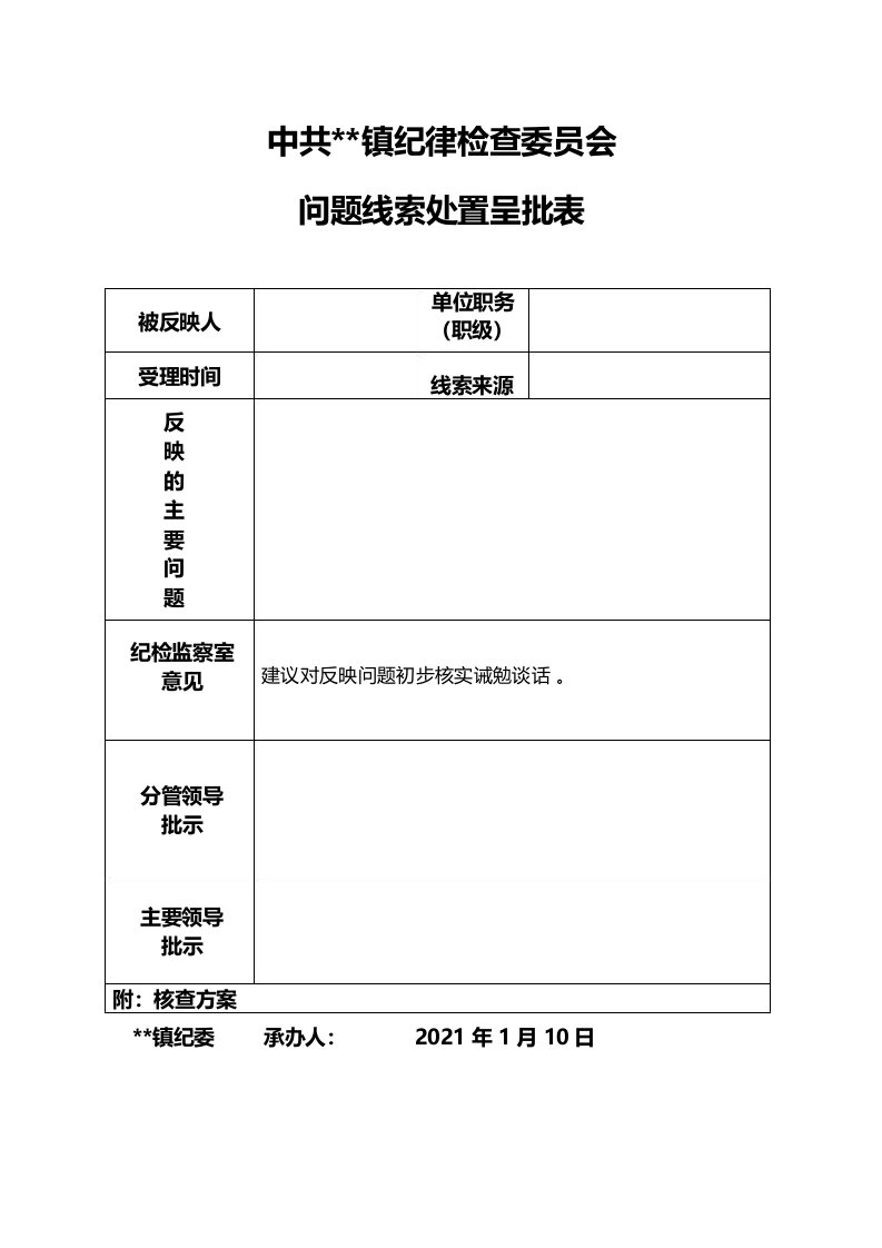 纪委问题线索处置单