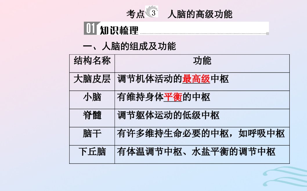 高中生物学业水平复习专题十三生物生命活动的调节考点3人脑的高级功能课件