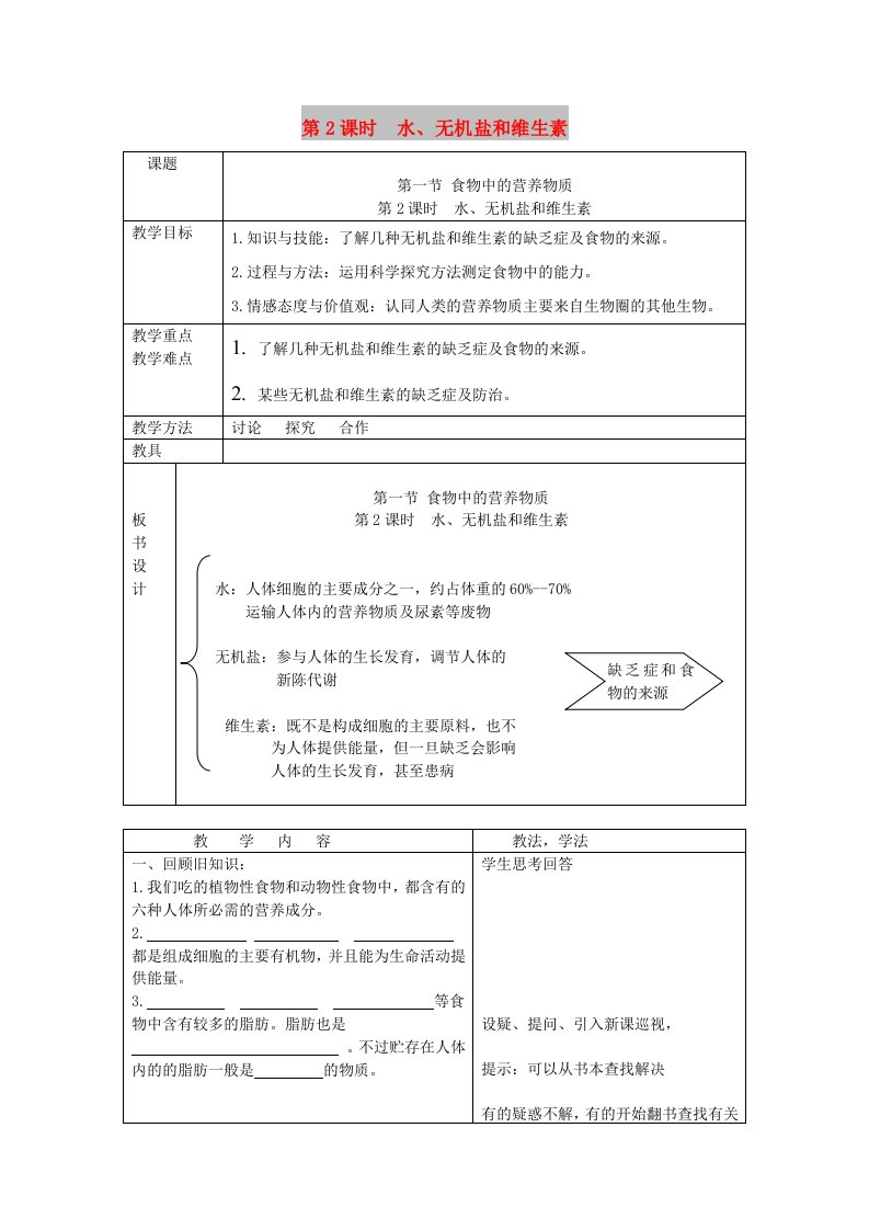 2019年春七年级生物下册第四单元第二章第一节食物中的营养物质第2课时水无机盐和维生素教案