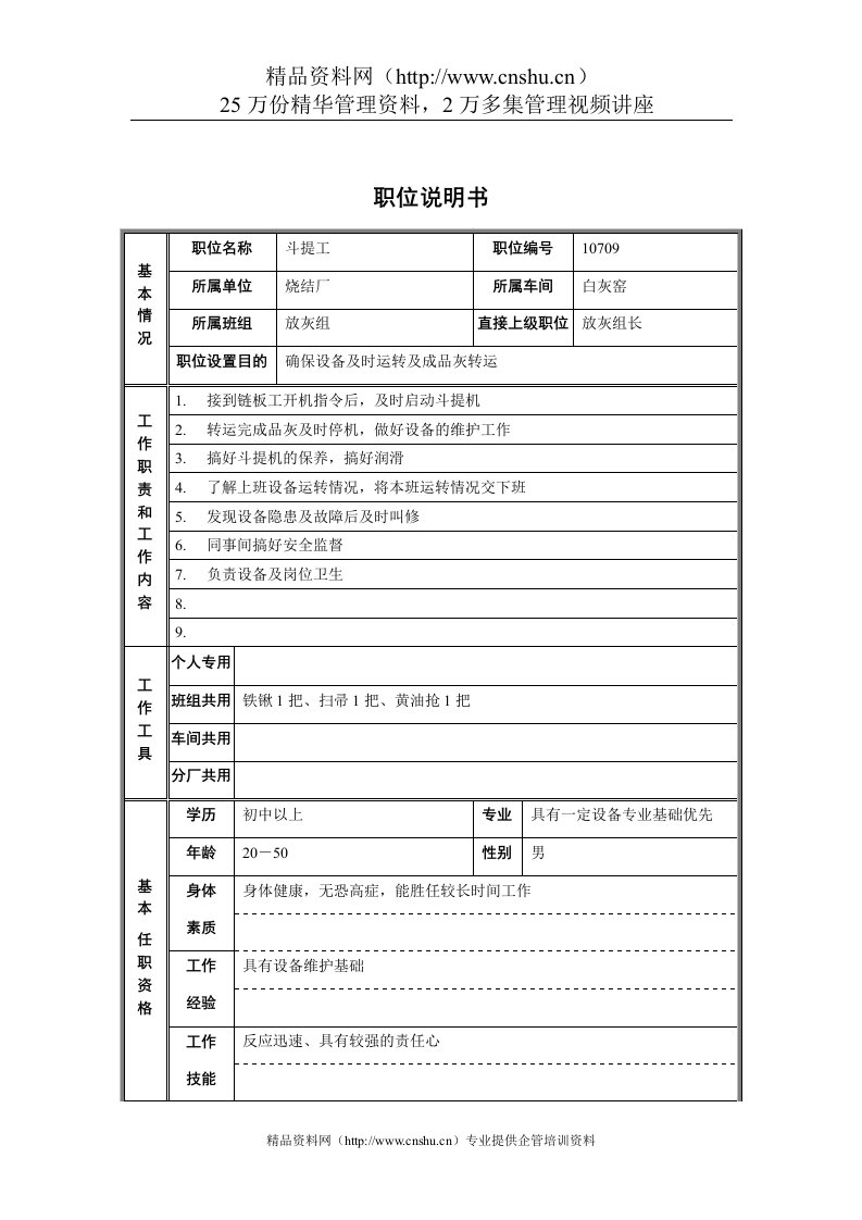 烧结厂白灰窑车间放灰组斗提工职位说明书