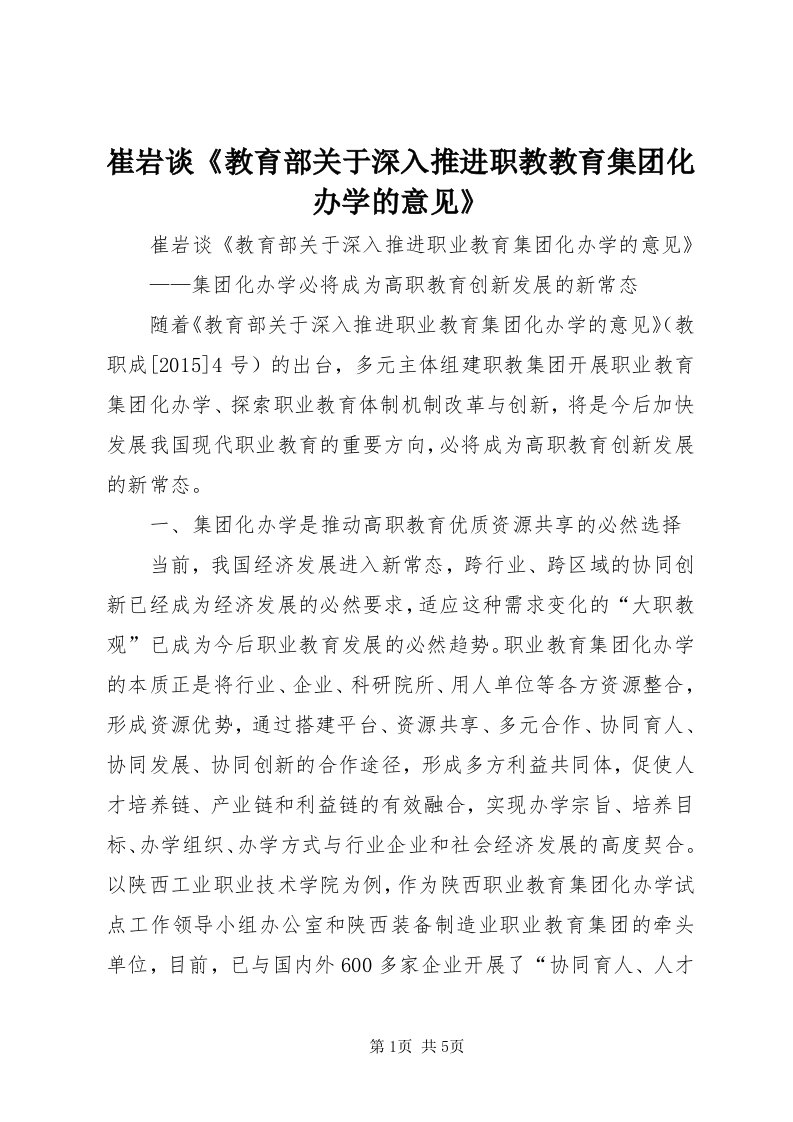 崔岩谈《教育部关于深入推进职教教育集团化办学的意见》