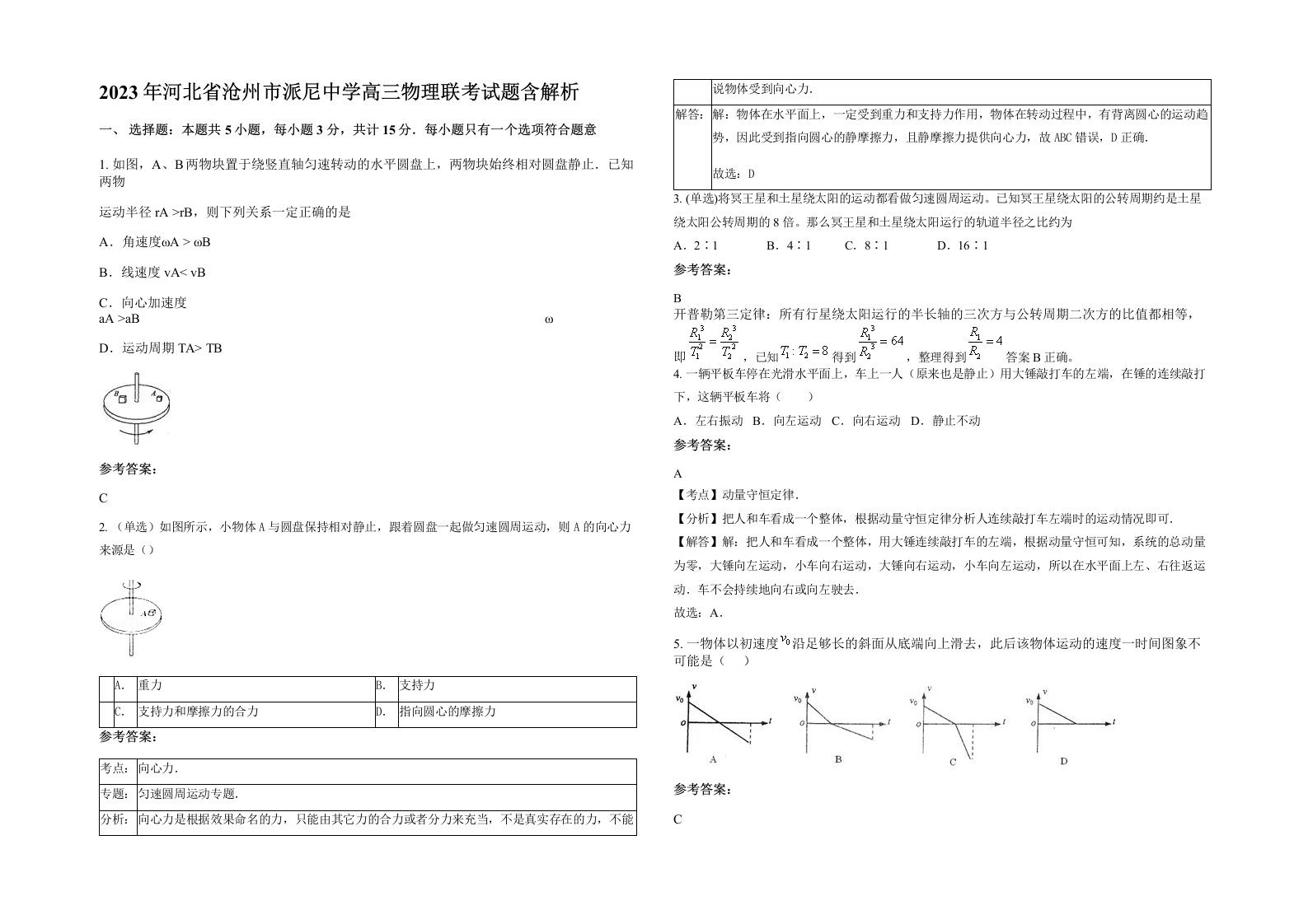 2023年河北省沧州市派尼中学高三物理联考试题含解析