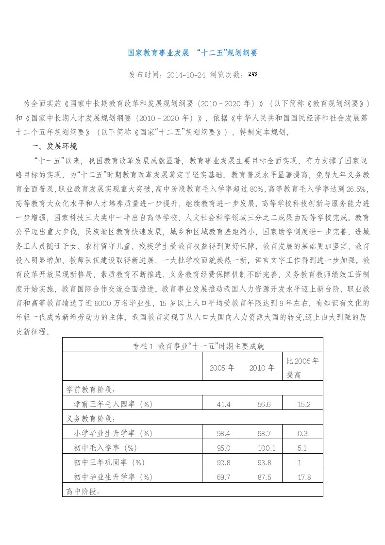 国家教育事业发展十二五规划纲要