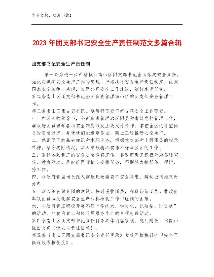 2023年团支部书记安全生产责任制范文多篇合辑