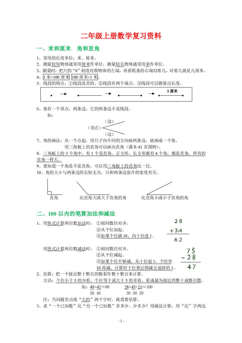 【小学精品】人教版小学二年级数学上册重难点复习资料