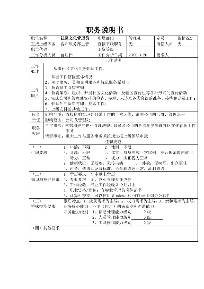 岗位职责-社区文化管理员职务说明书