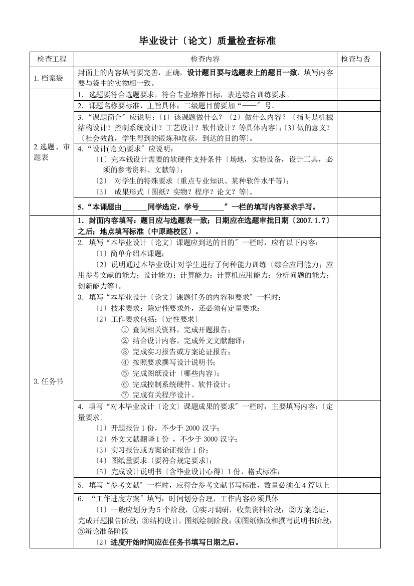 毕业设计质量检查标准