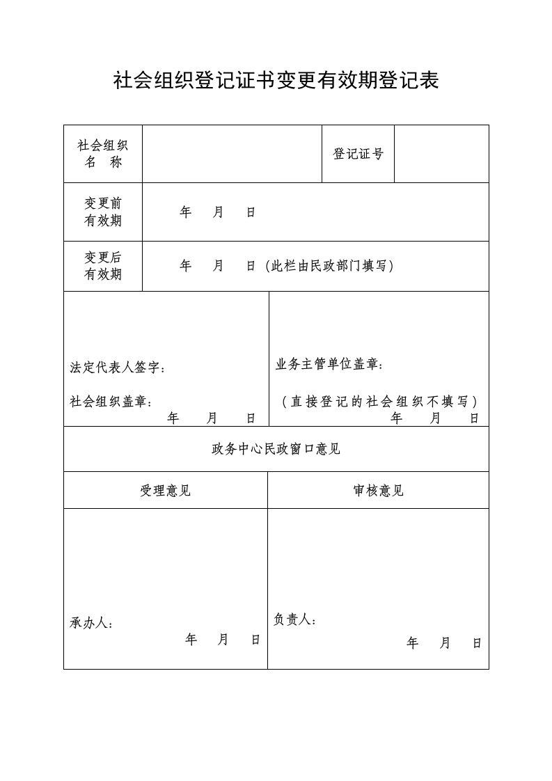 社会组织登记证书变更有效期登记表