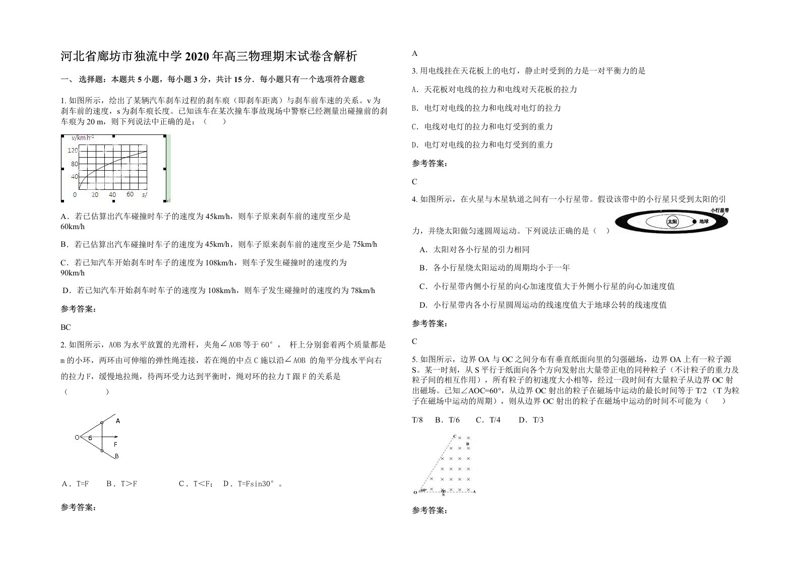 河北省廊坊市独流中学2020年高三物理期末试卷含解析