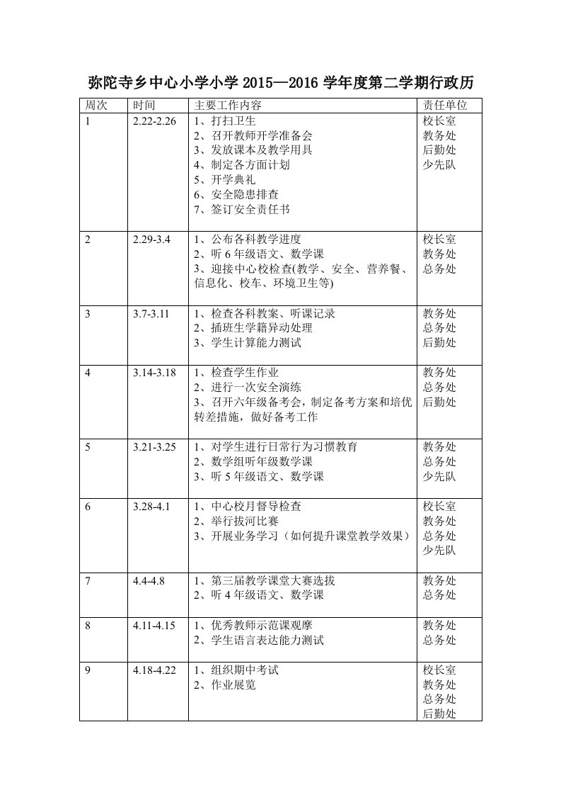 中心小学2015-2016第二学期行政历