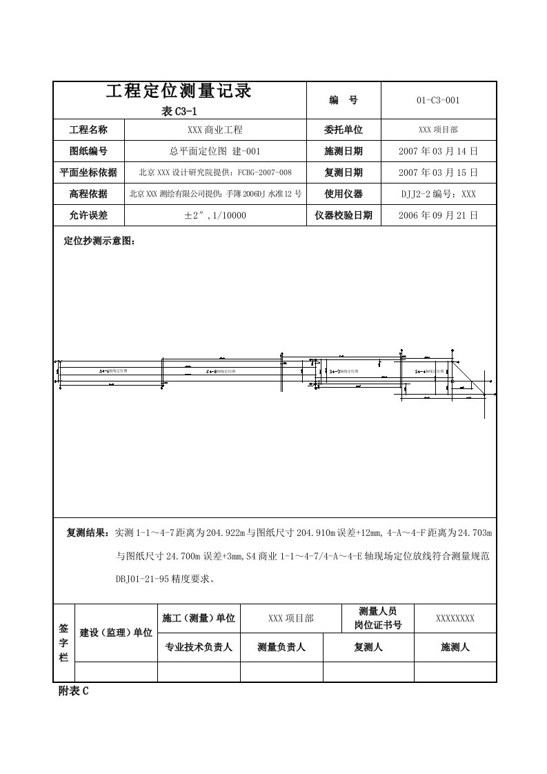 (表C3-1)工程定位测量记录表