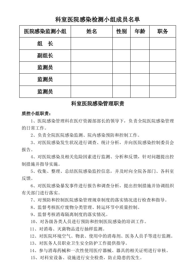 医院院感科质控小组成员表及职责