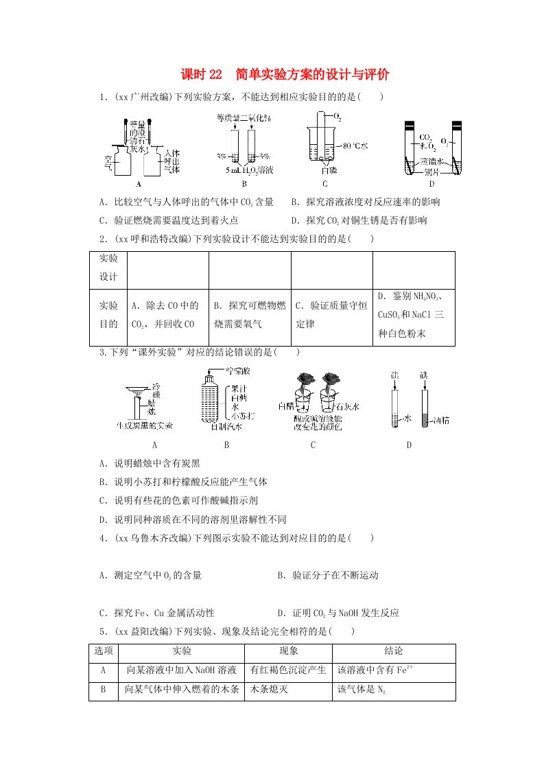 广东省2019年中考化学总复习第1部分第五章化学实验课时22简单实验方案的设计与评价优化训练