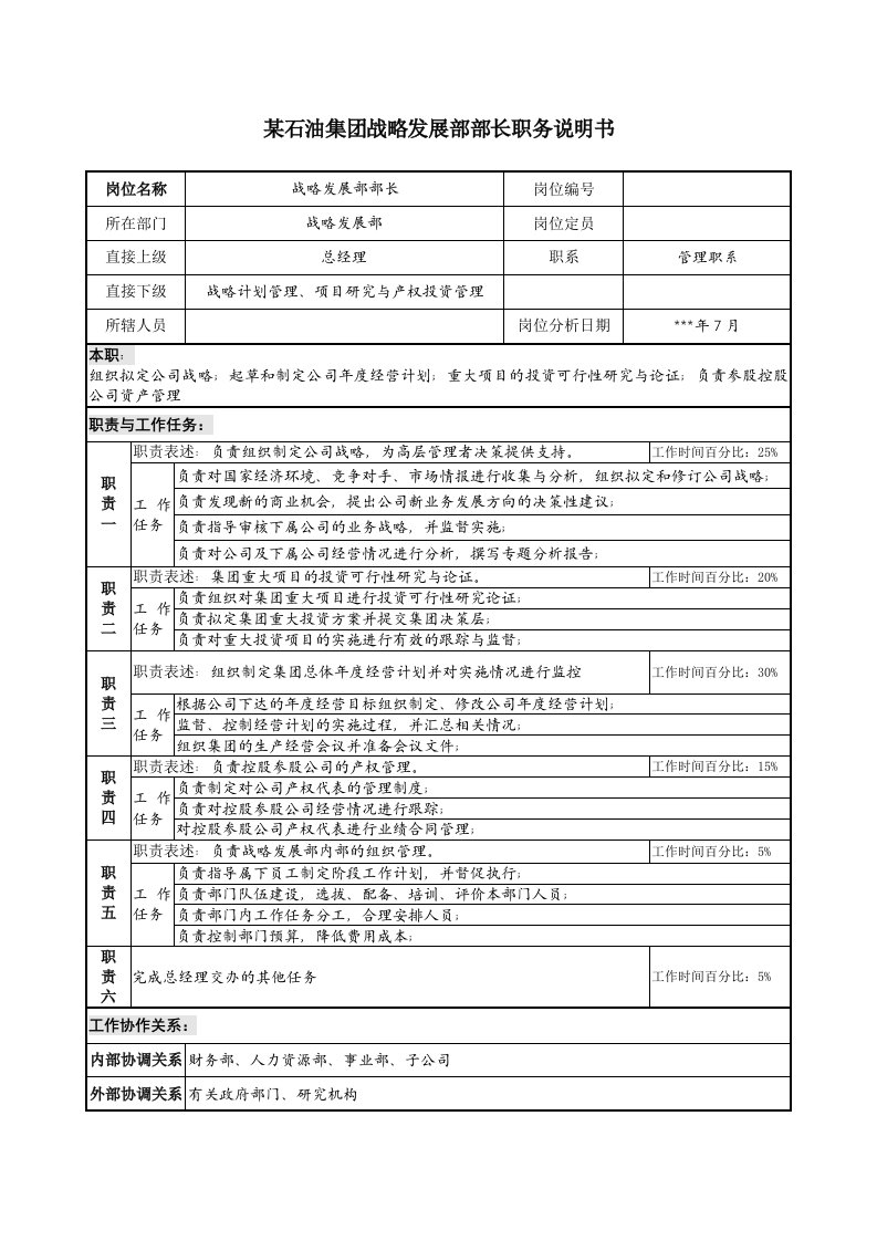 精选战略发展部部长职务说明书