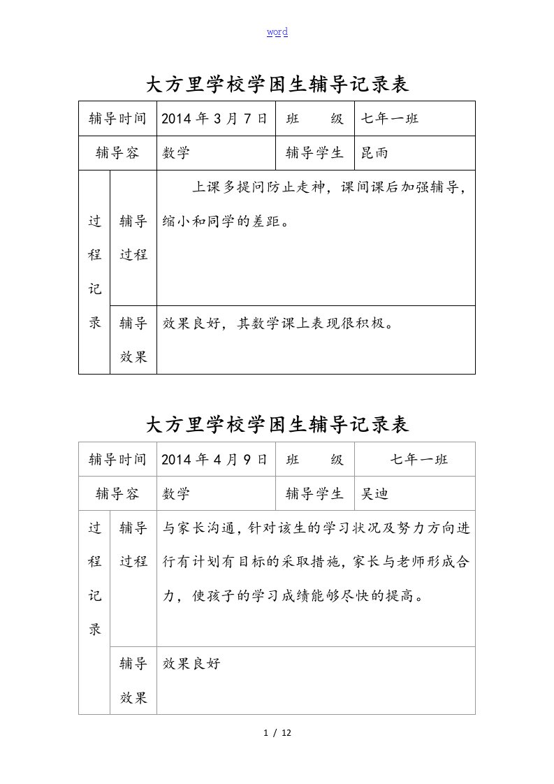 学困生辅导记录簿表格