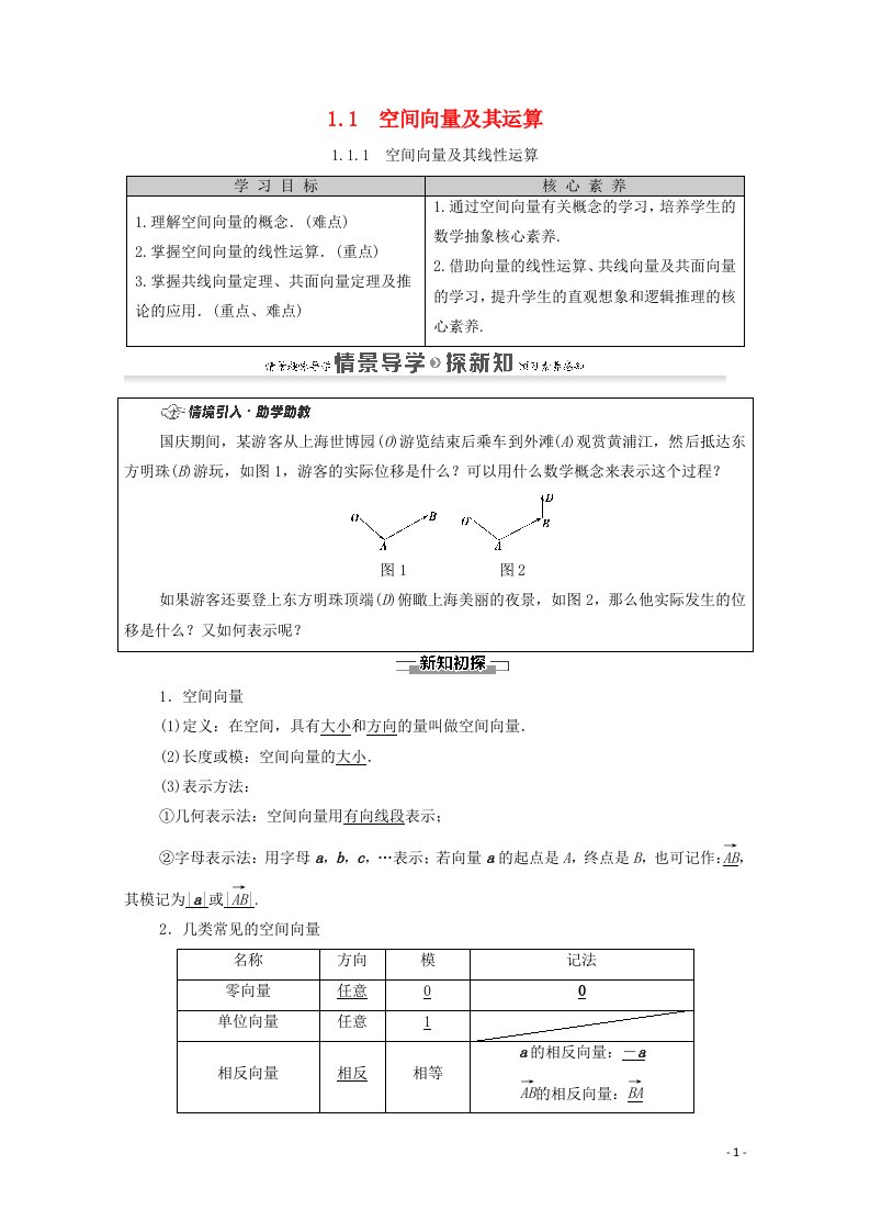 2020_2021学年新教材高中数学第1章空间向量与立体几何1.1空间向量及其运算1.1.1空间向量及其线性运算学案含解析新人教A版选择性必修第一册