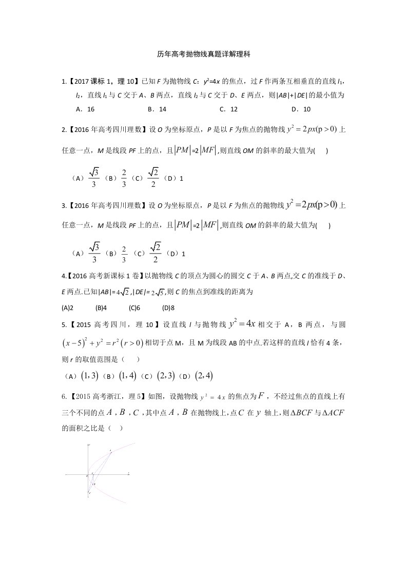 历年高考抛物线真题详解理科