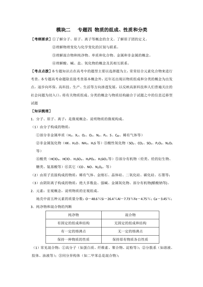 河南省商丘市第二十中学高三第二轮复习化学教学案8专题四物质的组成、性质和分类