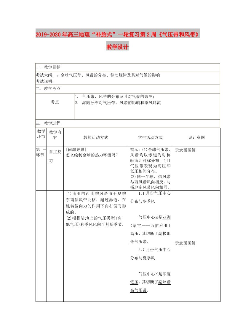 2019-2020年高三地理“补胎式”一轮复习第2周《气压带和风带》教学设计