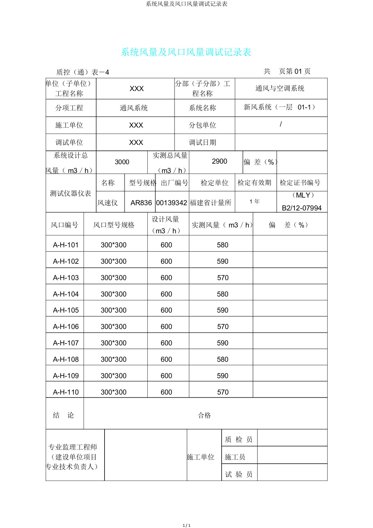 系统风量及风口风量调试记录表