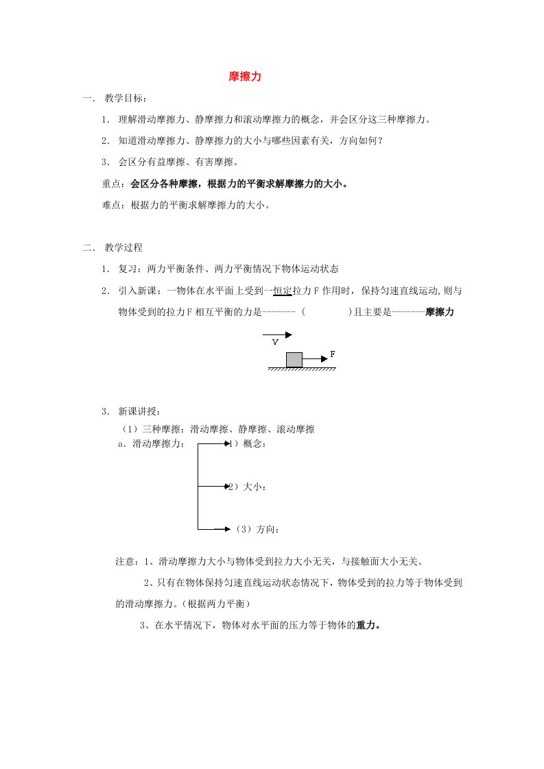 八年级物理下册三、摩擦力教案苏科版