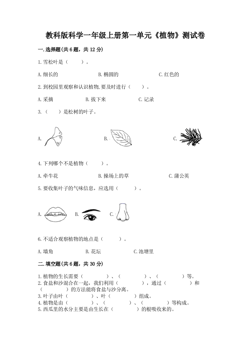 教科版科学一年级上册第一单元《植物》测试卷附完整答案【夺冠】