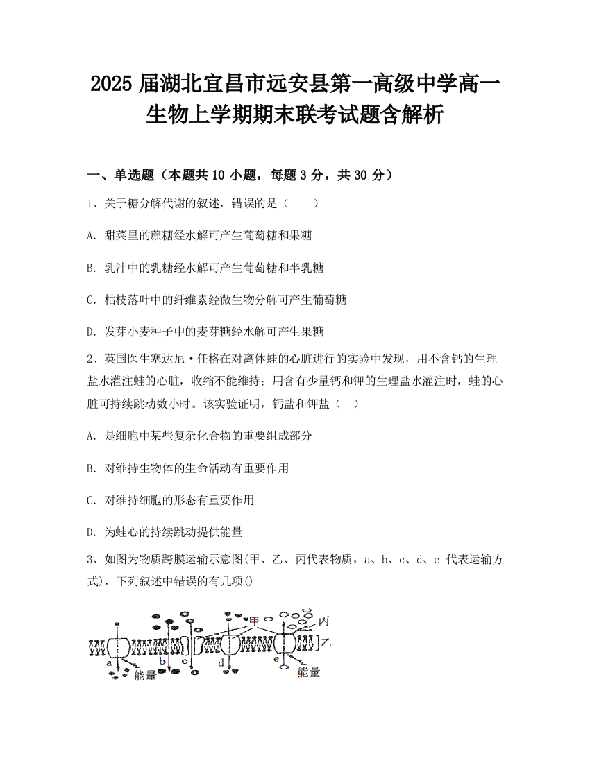 2025届湖北宜昌市远安县第一高级中学高一生物上学期期末联考试题含解析