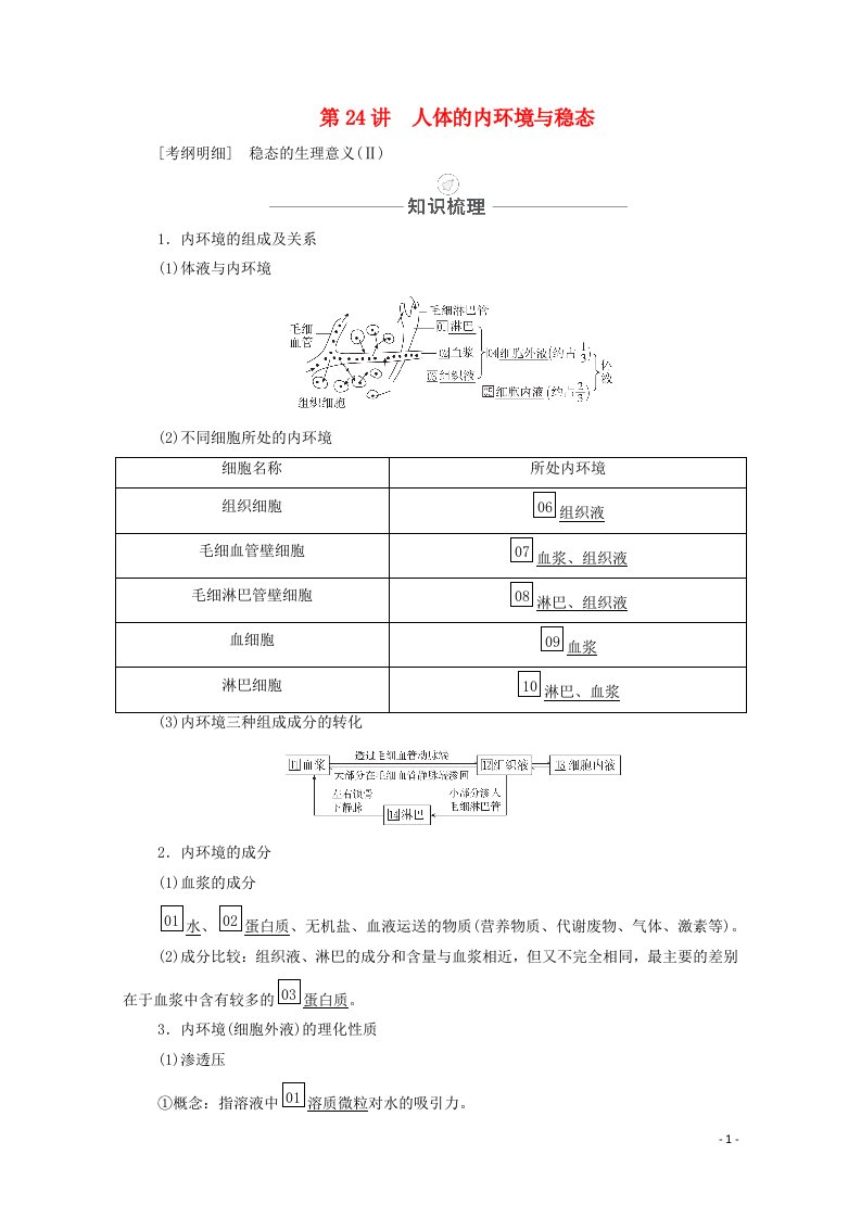 2021届高考生物一轮复习第8单元生命活动的调节第24讲人体的内环境与稳态教学案新人教版必修3