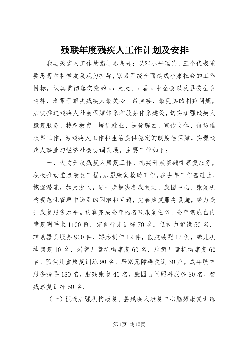 残联年度残疾人工作计划及安排