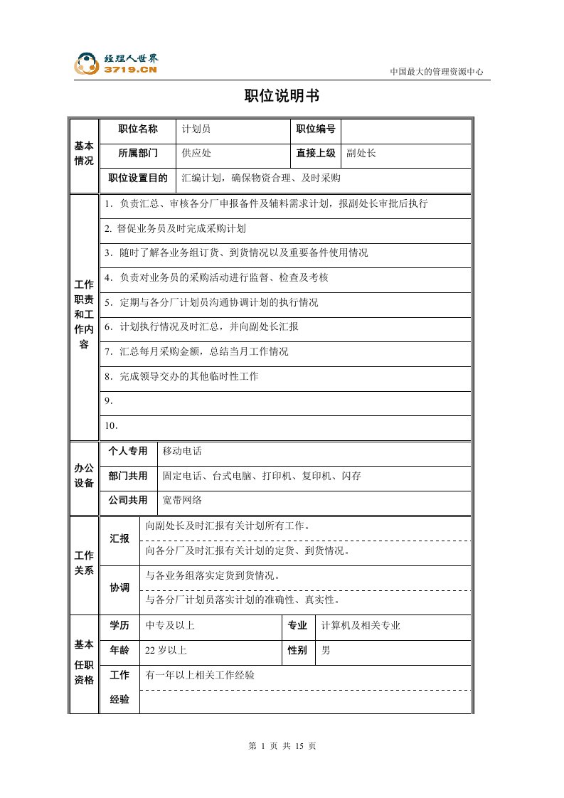 某钢铁实业公司供应处职位说明书(doc12)-采购管理