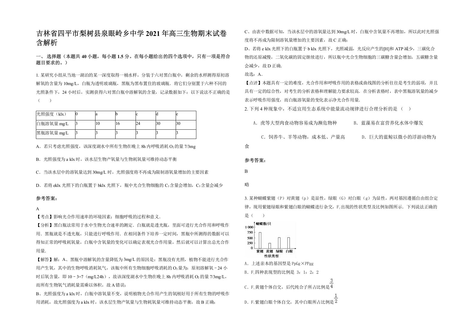 吉林省四平市梨树县泉眼岭乡中学2021年高三生物期末试卷含解析