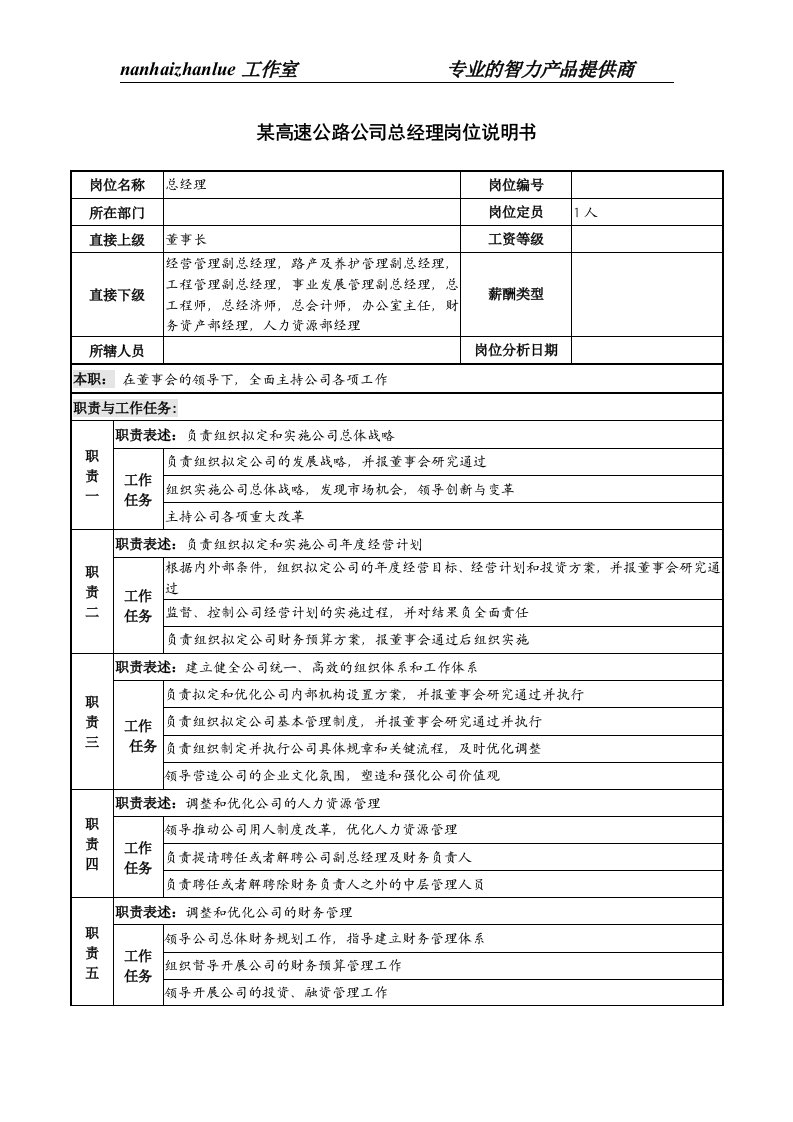 某高速公路公司总经理岗位说明书