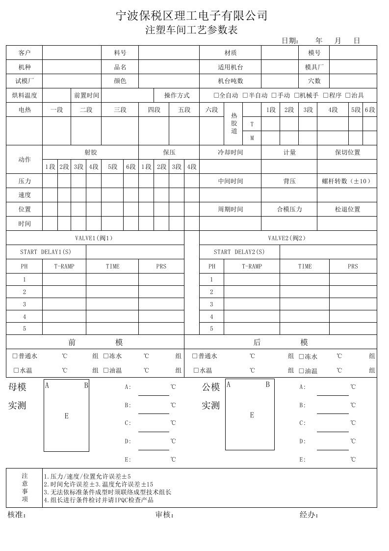 注塑车间工艺参数表