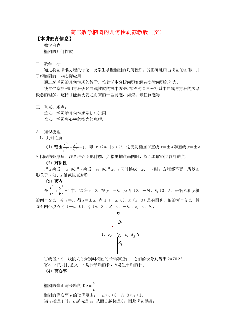 （整理版）高二数学椭圆的几何性质苏教（文）