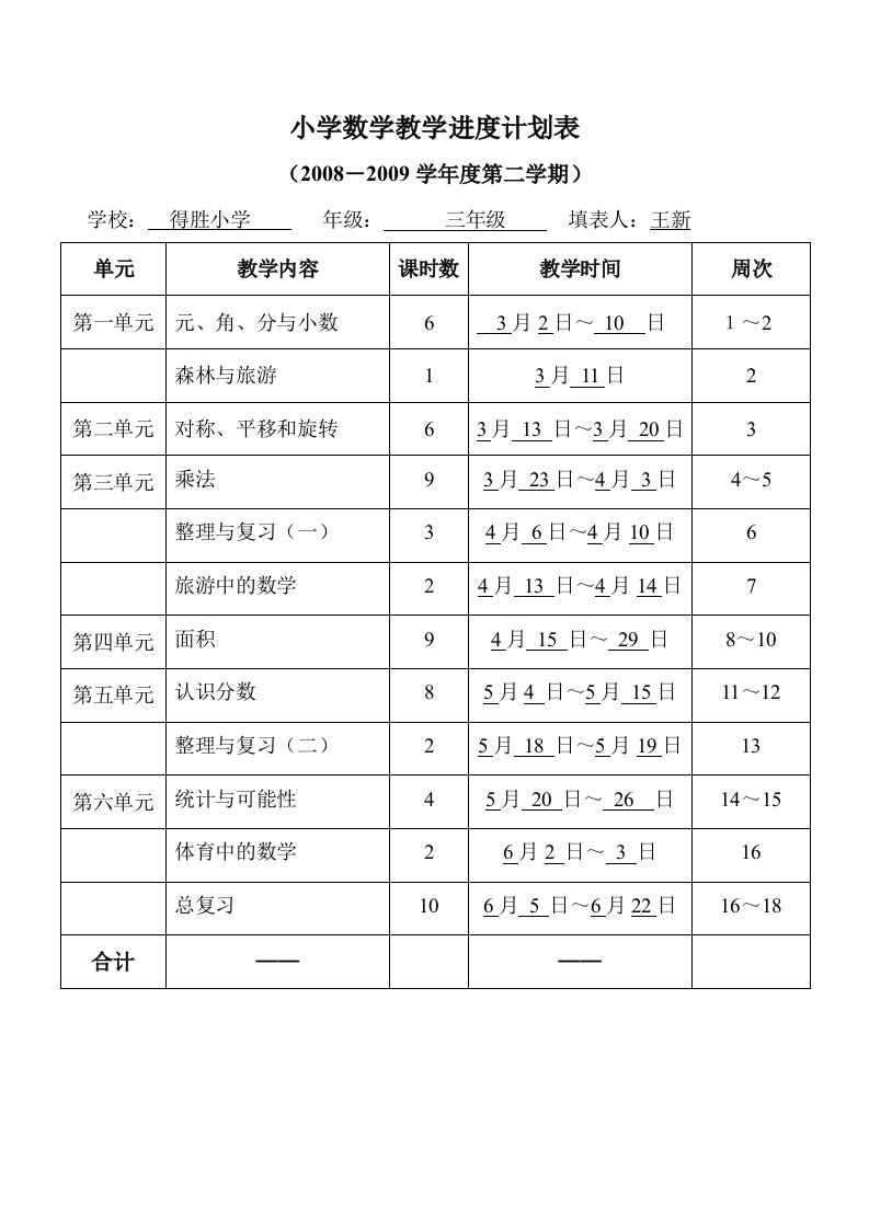 小学数学教学进度计划表