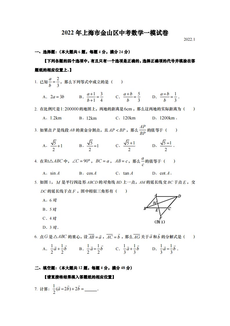 上海金山区2022届九年级初三数学一模试卷+答案