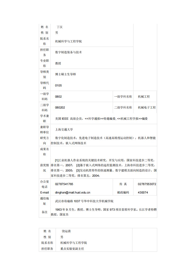 华中科技大学机械学院导师介绍及联系方式