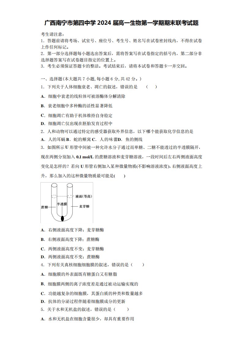 广西南宁市第四中学2024届高一生物第一学期期末联考试题含解析1959