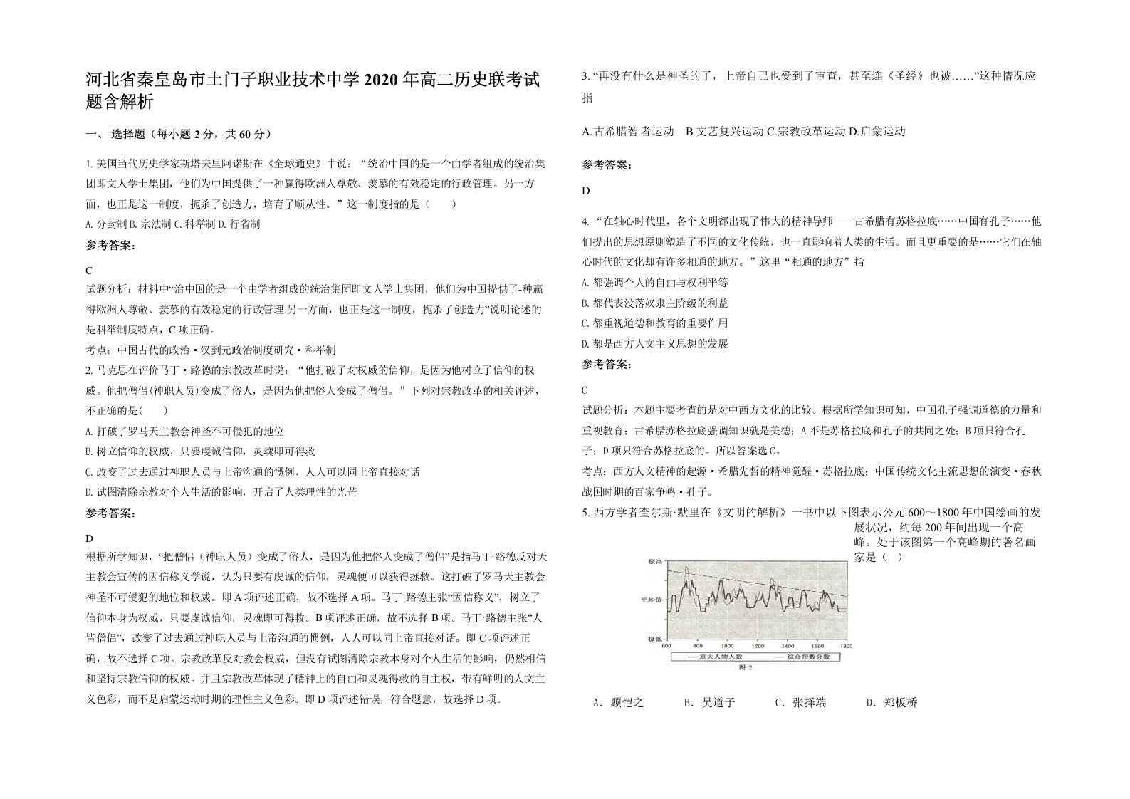 河北省秦皇岛市土门子职业技术中学2020年高二历史联考试题含解析